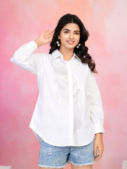 KAFTANIZE - Rhinestone Detailed Concealed Button Placket Front White Full Sleeve Shirt