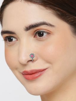 OOMPH - Oxidised Silver Tone Rani Pink Stone Traditional Nose Ring - Nose Pin
