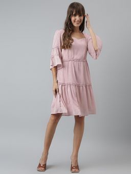 Latin Quarters - Women Solid Fit & Flare Casual 3-4 Sleeves Pink Dress