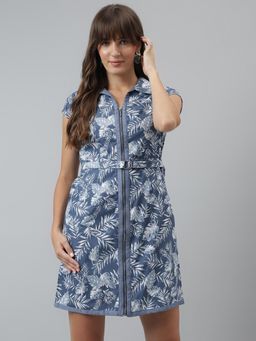 Latin Quarters - Women Printed Casual Cap Sleeves Blue Dress with Belt (Set of 2)