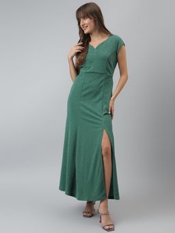 Latin Quarters - Women Solid A-line Evening Cap Sleeves Green Dress