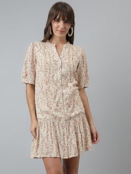 Latin Quarters - Women Printed A-line Casual Half Sleeves Beige Dress