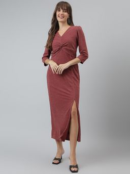 Latin Quarters - Women Solid Bodycon Evening 3-4 Sleeve Brown Dress