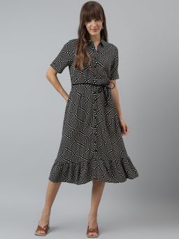 Latin Quarters - Women Printed A-line Casual Short Sleeve Black Dress (Set of 2)