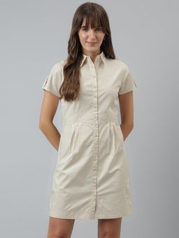 Latin Quarters - Women Solid Bodycon Casual Short Sleeves Beige Dress