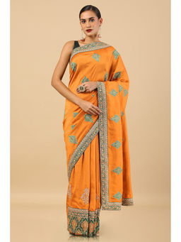 Soch - Mustard Tussar Embroidered Saree with Unstitched