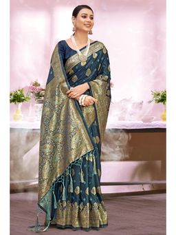 Sangam Prints - Sea Green Silk Woven Zari Work Traditional Tassel Saree with Unstitched Blouse