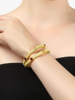 Adwitiya - Women 24 Ct Gold Plated Handcrafted with White Pearls Red Stone Studded Bangles