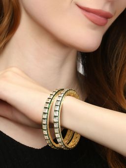 Adwitiya - Gold Plated Green & White Kundan Handcrafted Bangles