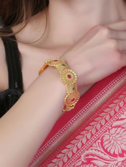 Adwitiya - Women Gold Plated Pink and Green Stone Studded Kada
