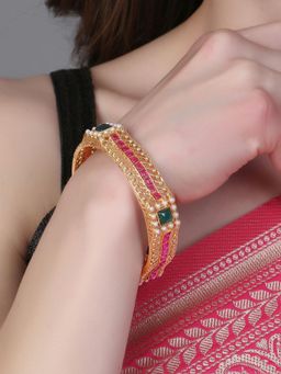 Adwitiya - Women Gold Plated Pink and Green Stone Studded Pearl Beaded Kada