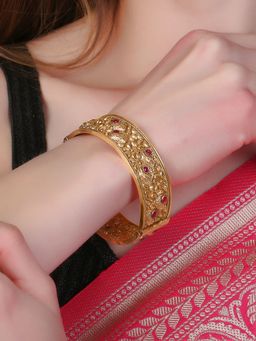 Adwitiya - Women Gold Plated Red Stone Studded Temple Kada