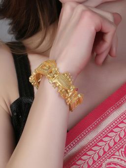 Adwitiya - Women Gold Plated Stone Studded Elephant and Doli Temple Kada