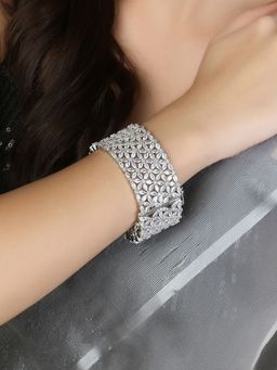 Adwitiya - Rhodium Plated Open Able Hand Cuff, American Diamond Cz Kada