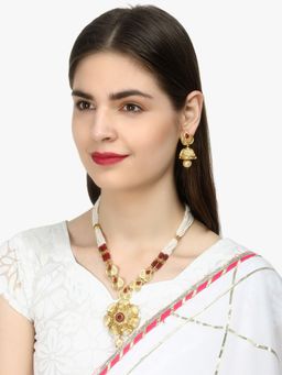 Adwitiya - 24 Ct Gold Plated Flower Stone Studded Long Jewellery Set