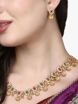 Adwitiya - 24 Ct Gold Plated Temple with Peacock Antique Long Jewellery Set