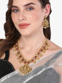 Adwitiya - 24 Ct Gold Plated Temple Red Stone Long Jewellery Set