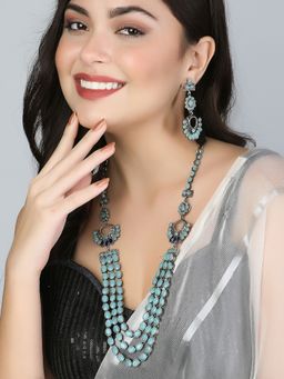 Adwitiya - Silver Plated Stone Studded Layered Necklace and Earring Set