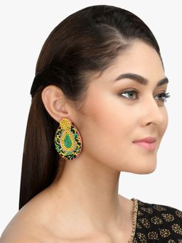 Adwitiya - Women Yellow & Green Oval Drop Earrings