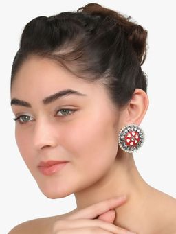 Adwitiya - Silver Plated Red Oxidised Stone and White Pearls Circular Studs