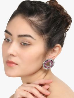 Adwitiya - Silver Plated Pink Stone Oxidised Circular Studs