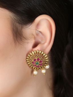 Adwitiya - Women 24 Ct Gold Plated Stone Studded Leaf Temple Earring