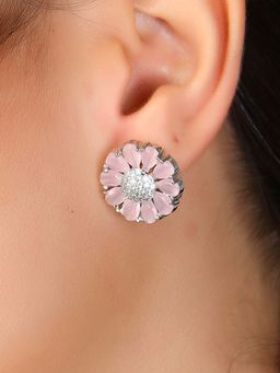 Adwitiya - Silver Plated Rose Quartz and Diamond Flower Stud Earrings for Women