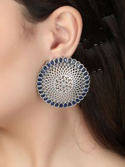 Adwitiya - Oxidised Blue Color Stone Studded Temple Design Studs
