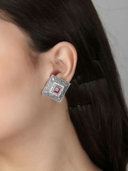 Adwitiya - Oxidised Pink Color Stone Studded Square Shape Studs