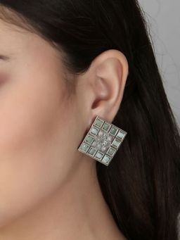 Adwitiya - Oxidised Green Color Stone Studded Square Shape Studs