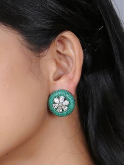 Adwitiya - Women Flower Green Stone Studded Oxidised Stud Earrings