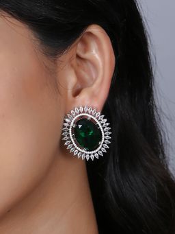 Adwitiya - Women Rhodium Plated Emerald Stone Studded Stud Earrings