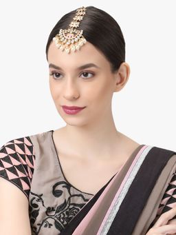 Adwitiya - 24 Ct Gold Plated Pink Enamelled Flower Shaped Maang Tika