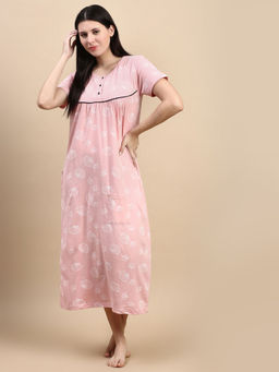 Kryptic - Pink Pure Cotton Printed Knee Length Nightdress