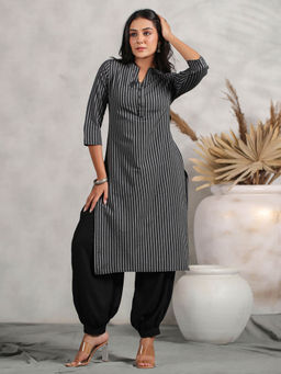 Anubhutee - Womens Grey Striped Mandarin Collar Cotton Straight Kurta