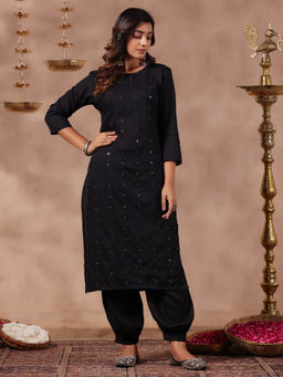 Anubhutee - Womens Black Ethnic Motifs Mirror Work Straight Kurta