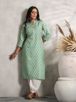 Anubhutee - Womens Viscose Rayon Ethnic Motifs Printed Green Straight Kurta