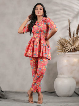 Anubhutee - Ethnic Motif Printed Peplum Belted Top with Pant (Set of 2)