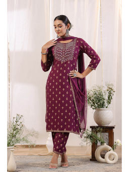 Anubhutee - Womens Purple Ethnic Motifs Zari Work Kurta with Trouser & Dupatta (Set of 3)