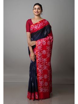 Unnati Silks - Navy Blue & Red Pure Batik Chanderi Silk Saree with Unstitched Blouse