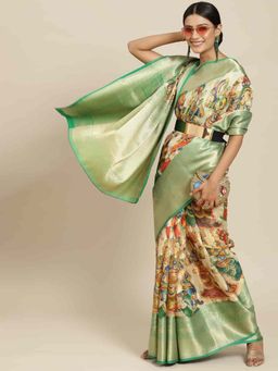 Silk Land - Digital Printed Silk Saree with Unstiched Blouse Piece Beige & Green with Unstitched