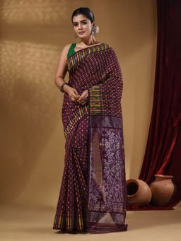 Arhi - Wine Cotton Handwoven jamdhani Saree with Woven Buttas and Floral Designs