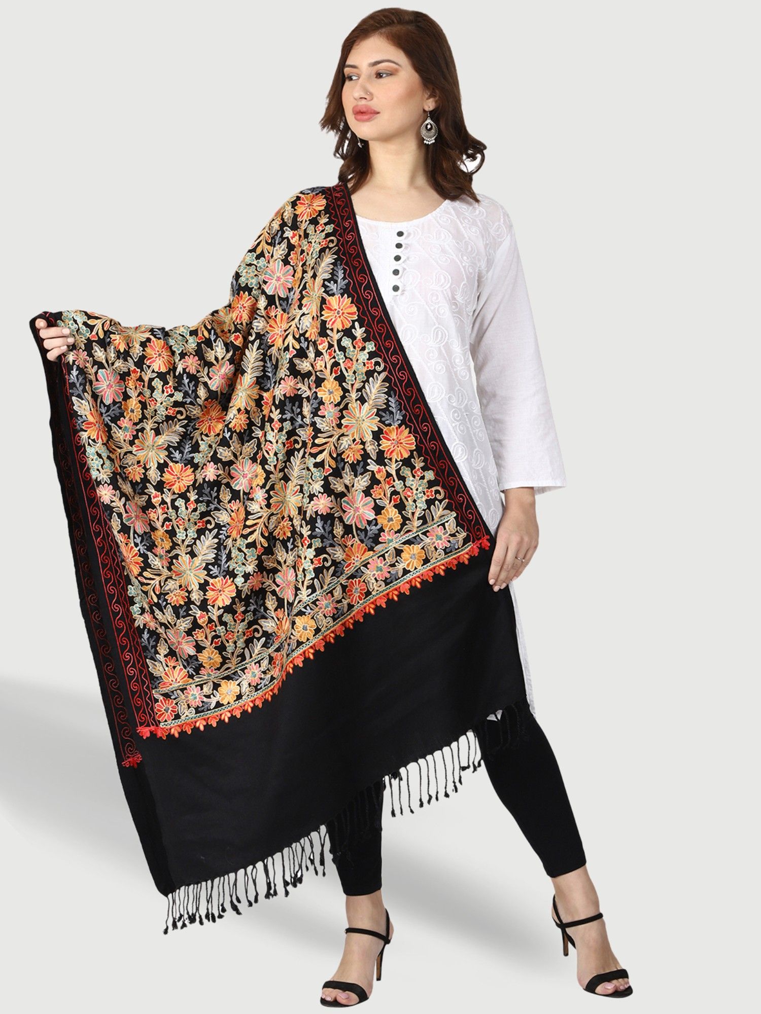 swi stylish Kashmiri Embroidered Black Wool Shawl-picture-38
