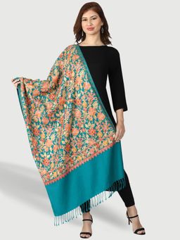 SWI STYLISH - Kashmiri Embroidered Turquoise Wool Shawl