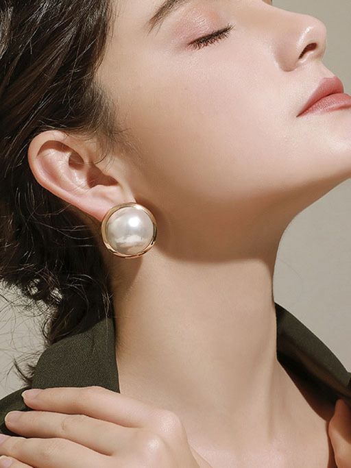 Niscka Gold Toned Big White Pearl Stud Earring