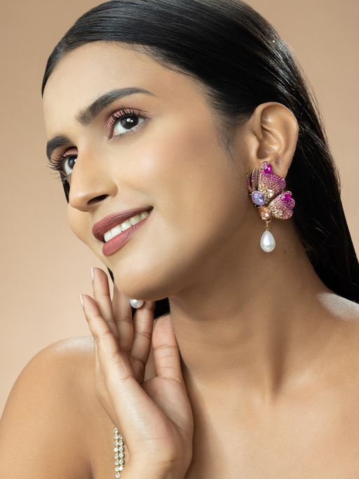 Niscka Contemporary Butterfly Earrings with Blue and Pink Zircon Stones