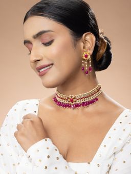 Niscka - Gold-Plated Water Drop Kundan and Pink Stones Necklace Set with Earrings