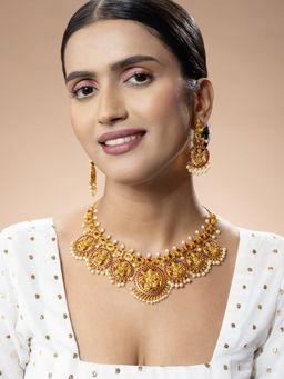 Niscka - 24K Gold Plated Laxmi Temple Necklace with Ruby Stones and Pearls