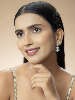 Niscka - Rhodium-Plated White American Diamond Jhumkas Studded with Cz-Stones