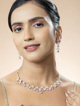Niscka - Silver-Plated American Diamond Necklace Set with Pink Drop Zircon Stone